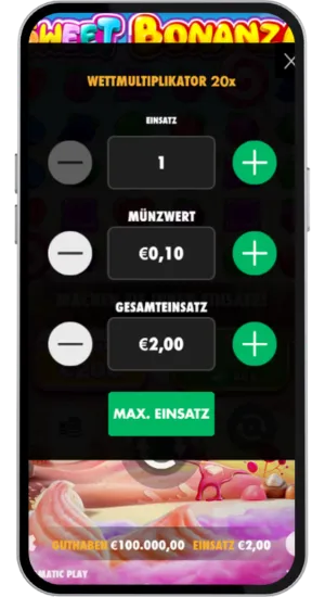 Einsatz für Sweet Bonanza Slot wählen